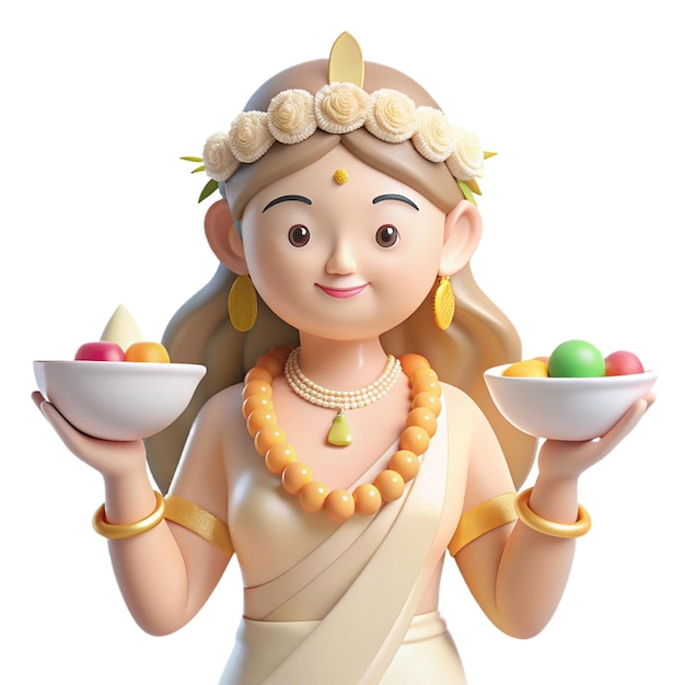 a figurine of a woman holding bowls of food with a smile on her face