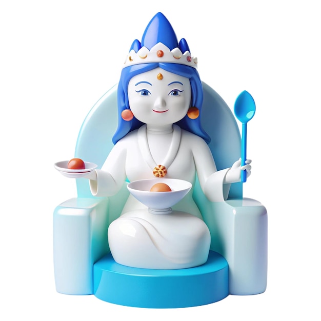 a figurine of a woman sitting in a chair with milk and a spoon