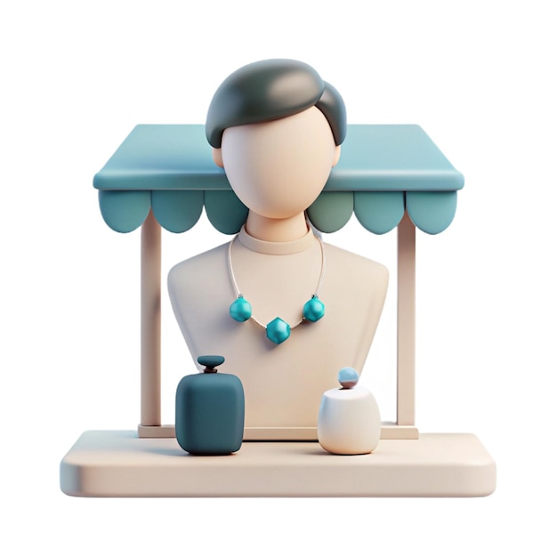 PSD a figurine of a woman with a blue top sits on a white table