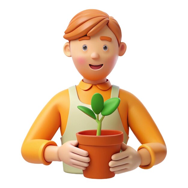 a figurine of a young man holding a potted plant