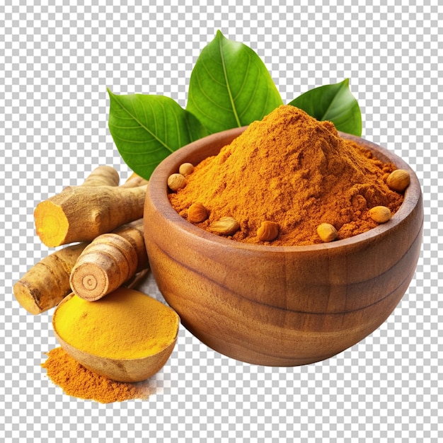 finely dry turmeric powder in wooden bowl with rhi