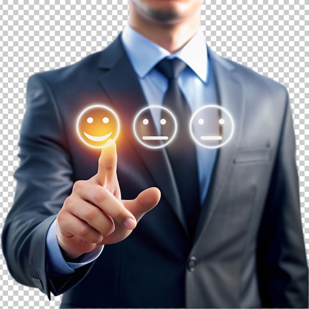 PSD finger of businessman touching and drawing face emoticon smile on service customer service concept