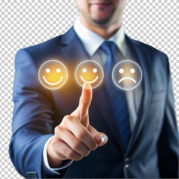 PSD finger of businessman touching and drawing face emoticon smile on service customer service concept