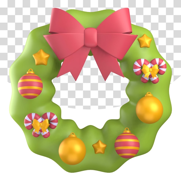 Fir Wreath with Red Bow and Golden Ball Render 3D Illustration Christmas Ornament Decoration