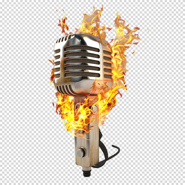 Fire burning microphone isolated on transparent background