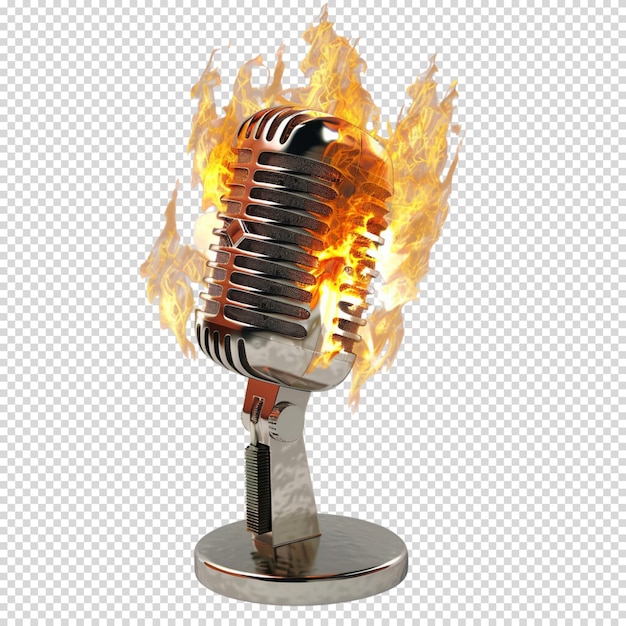 Fire burning microphone isolated on transparent background