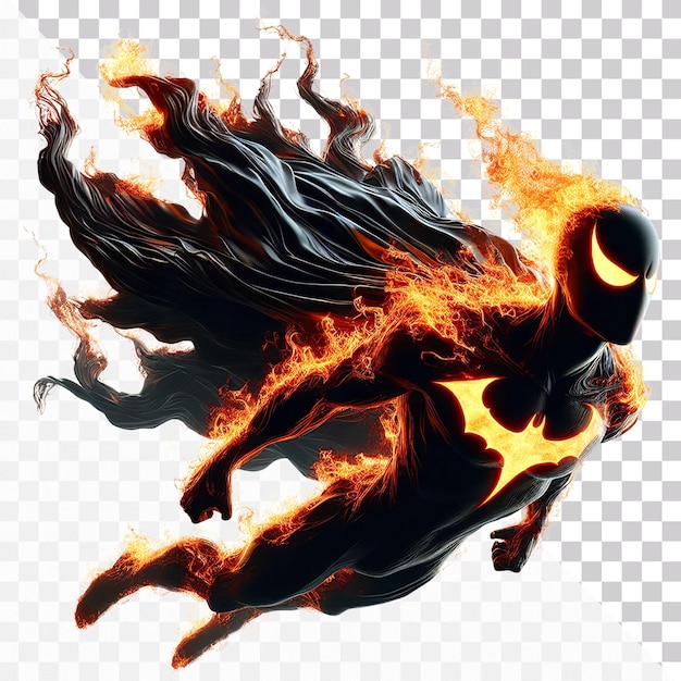 PSD a fire superhero with black suit is floating in air with flame sparks on a transparent background