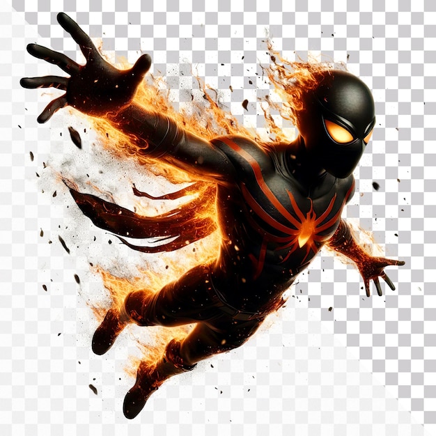 A fire superhero with black suit is floating in air with flame sparks on a transparent background