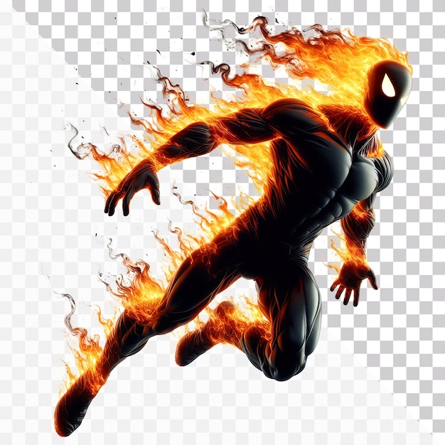 A fire superhero with black suit is floating in air with flame sparks on a transparent background