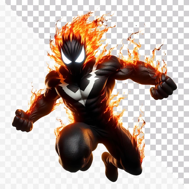 A fire superhero with black suit is floating in air with flame sparks on a transparent background