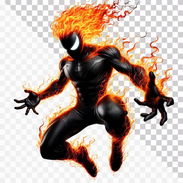 A fire superhero with black suit is floating in air with flame sparks on a transparent background