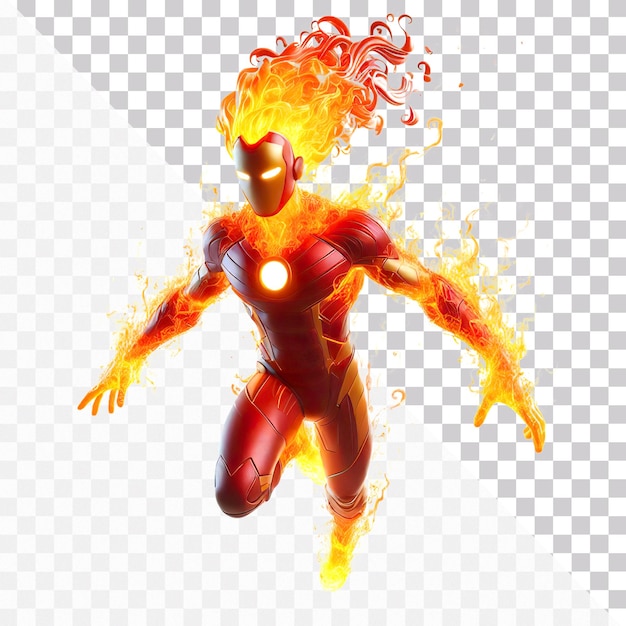 PSD a fire superhero with red suit is floating in air with flame sparks on a transparent background