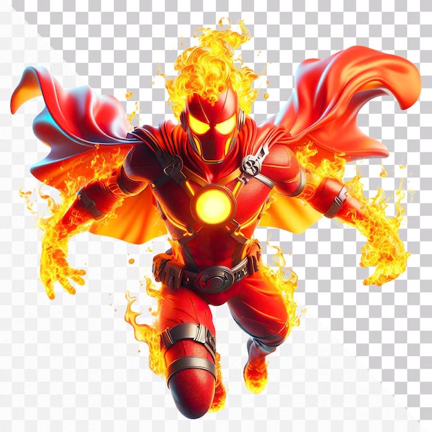 A fire superhero with red suit is floating in air with flame sparks on a transparent background