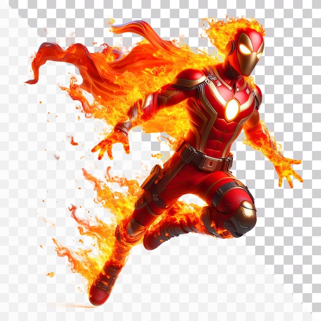 PSD a fire superhero with red suit is floating in air with flame sparks on a transparent background