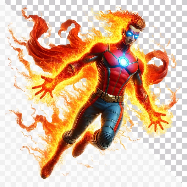 PSD a fire superhero with red suit is floating in air with flame sparks on a transparent background