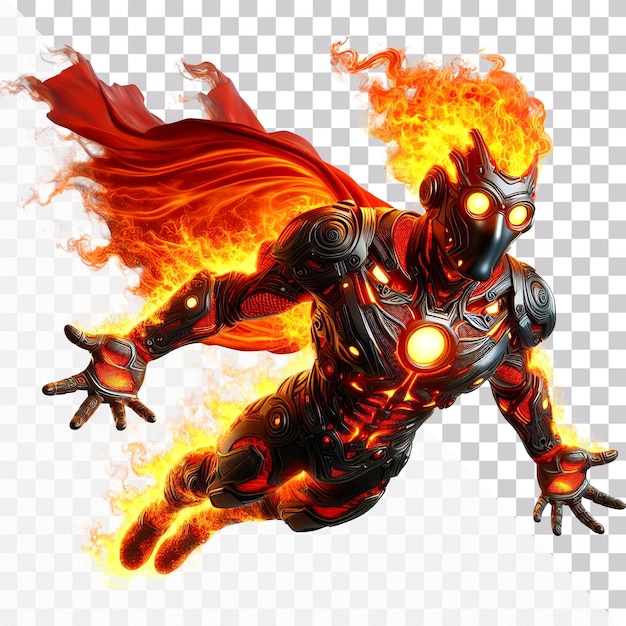 PSD a fire superhero with red suit is floating in air with flame sparks on a transparent background