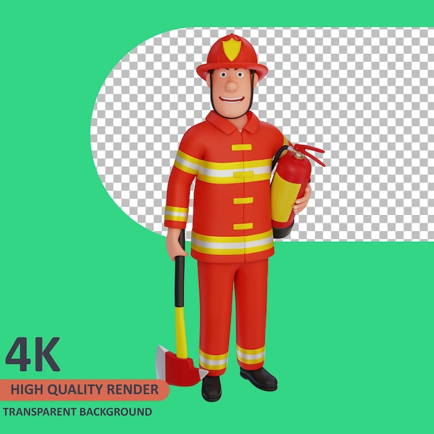 Firefighters carrying axes and fire extinguishers 3d rendering of character modeling