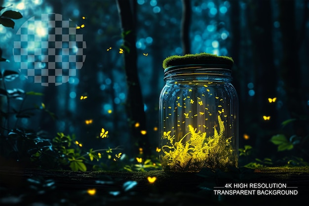 PSD fireflies and forest in a jar transparent background