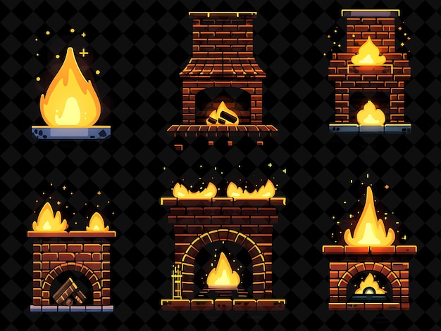 PSD fireplace 8 bit pixel with brick design and flames with warm png unique y2k design collection