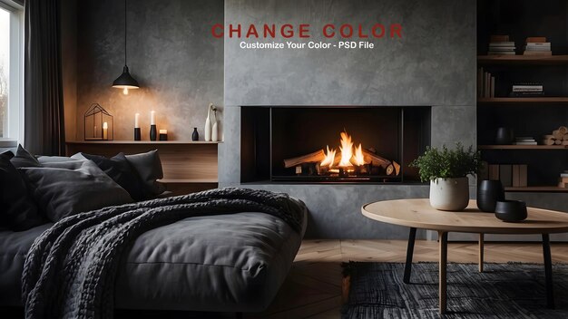 PSD fireplace modern minimalist living room interior design dark color theme of a scandinavian home