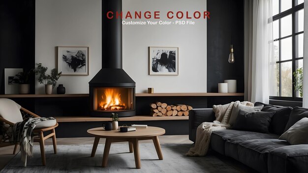 Fireplace modern minimalist living room interior design dark color theme of a scandinavian home