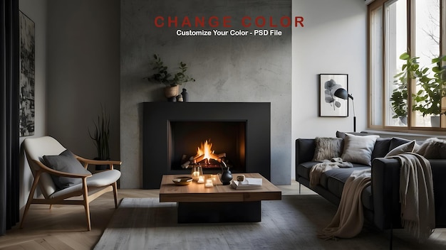 Fireplace modern minimalist living room interior design dark color theme of a scandinavian home