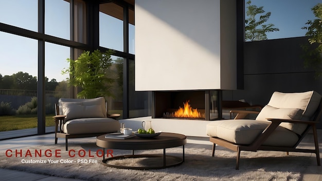 Fireplace modern minimalist outdoor space exterior design dark color theme of a classic fireplace