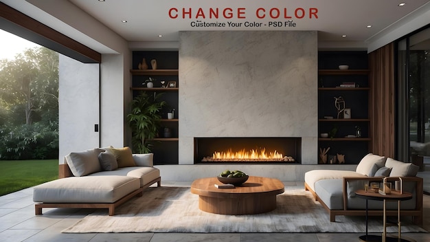 a fireplace with a sign that says change color on it