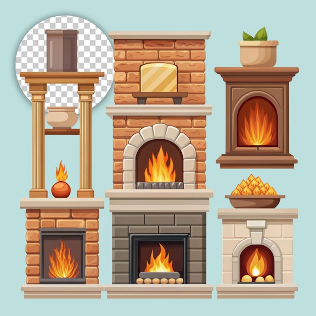 Fireplaces with burning fire on transparent background