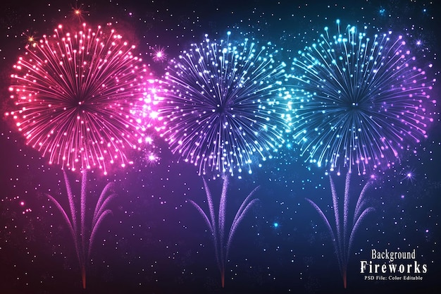 PSD firework background vector illustration colorful fireworks on dark blue sky with copy space