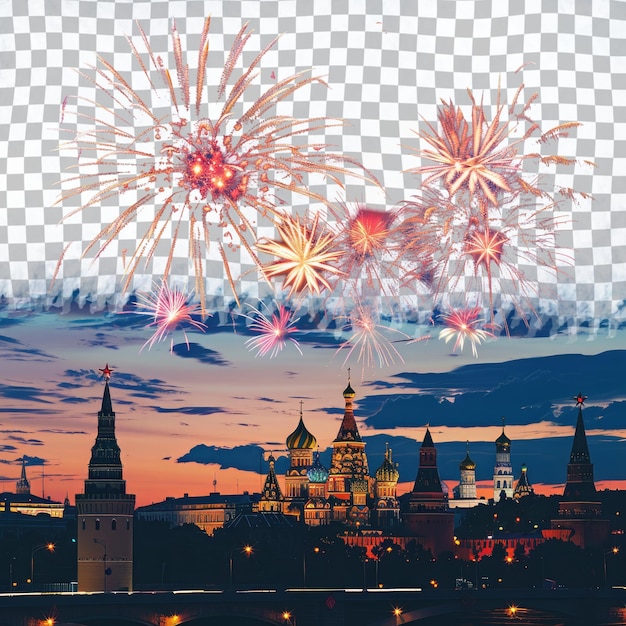 PSD fireworks display over a city with a picture of a castle and a church