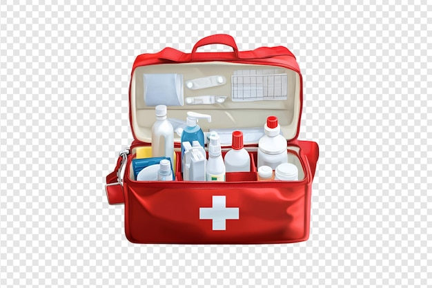 First aid bag with medical supplies and bottles isolated on a transparent background