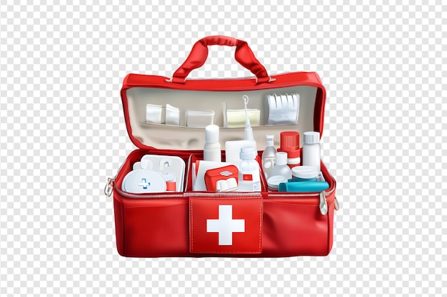 First aid bag with medical supplies and bottles isolated on a transparent background