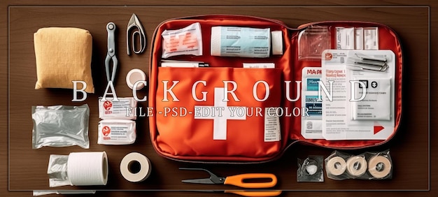 PSD first aid kit open on wooden table