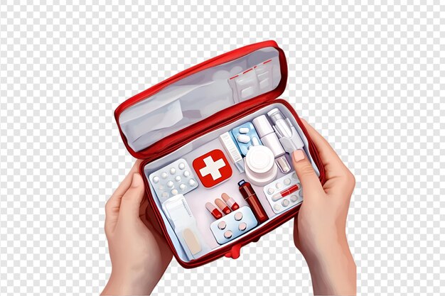 PSD first aid kit with pills and medical supplies isolated on a transparent background