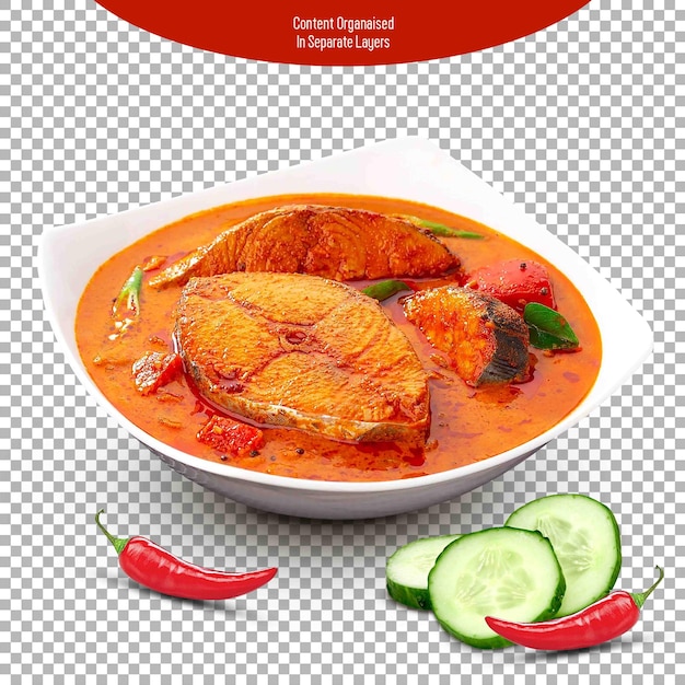 Fish Curry in White Bowl Isolate in Transparent Background