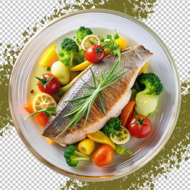 PSD a fish dish with vegetables and fruits on transparent background