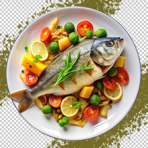 A fish dish with vegetables and fruits on transparent background