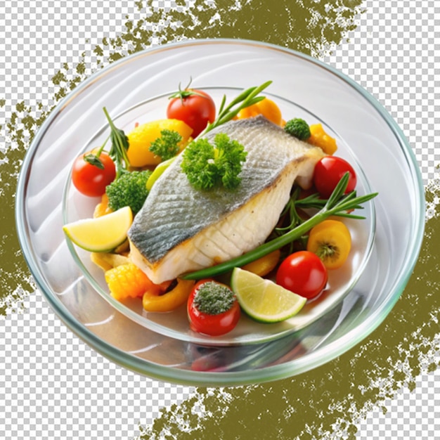 A fish dish with vegetables and fruits on transparent background