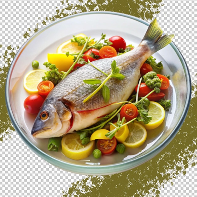 A fish dish with vegetables and fruits on transparent background