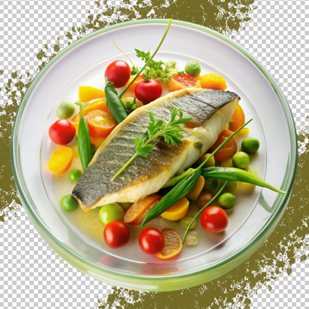 A fish dish with vegetables and fruits on transparent background