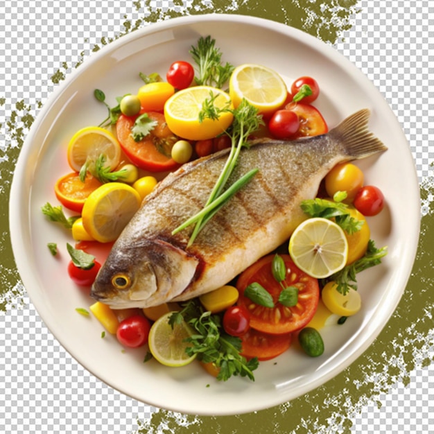 PSD a fish dish with vegetables and fruits on transparent background