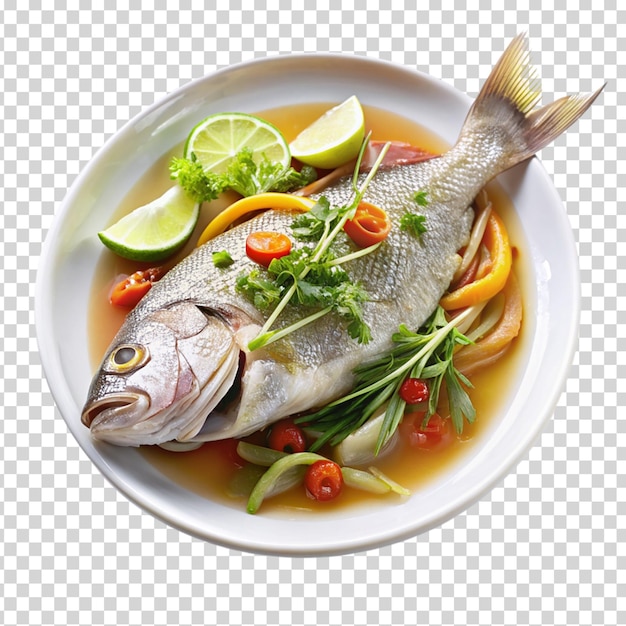 A fish dish with vegetables on transparent background