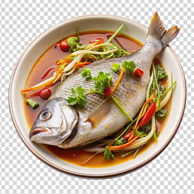 A fish dish with vegetables on transparent background