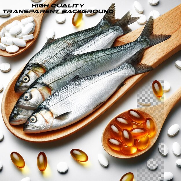 PSD fish oil pills and fresh fish on transparent background