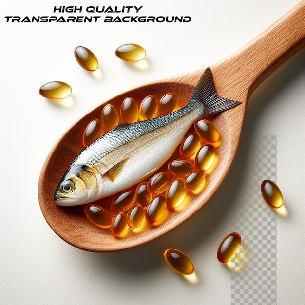 PSD fish oil pills and fresh fish on transparent background