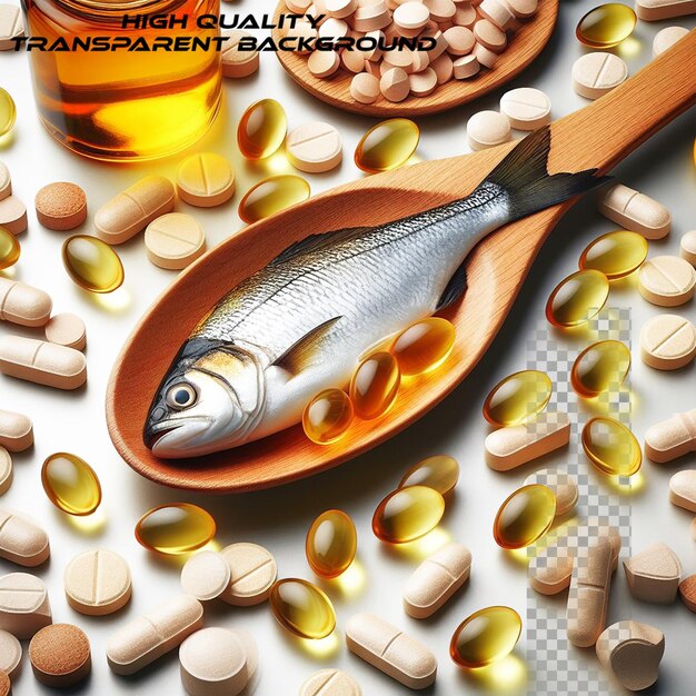 PSD fish oil pills and fresh fish on transparent background