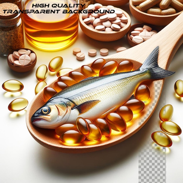 PSD fish oil pills and fresh fish on transparent background