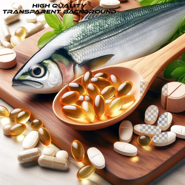 PSD fish oil pills and fresh fish on transparent background