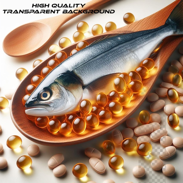 PSD fish oil pills and fresh fish on transparent background